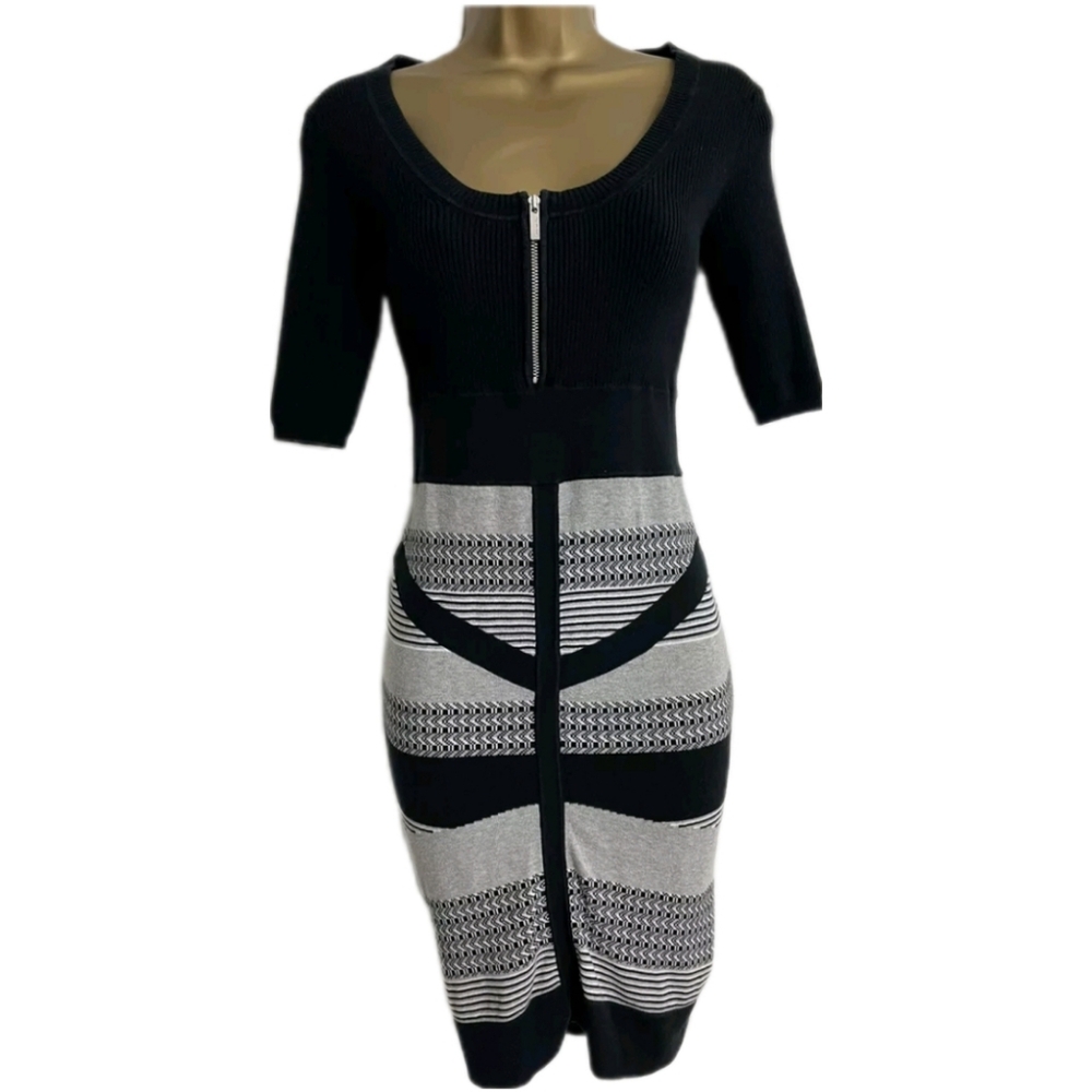 Karen‎ Millen Women's Black White Stripe Tribal Zip Front Bodycon Knit Dress 4